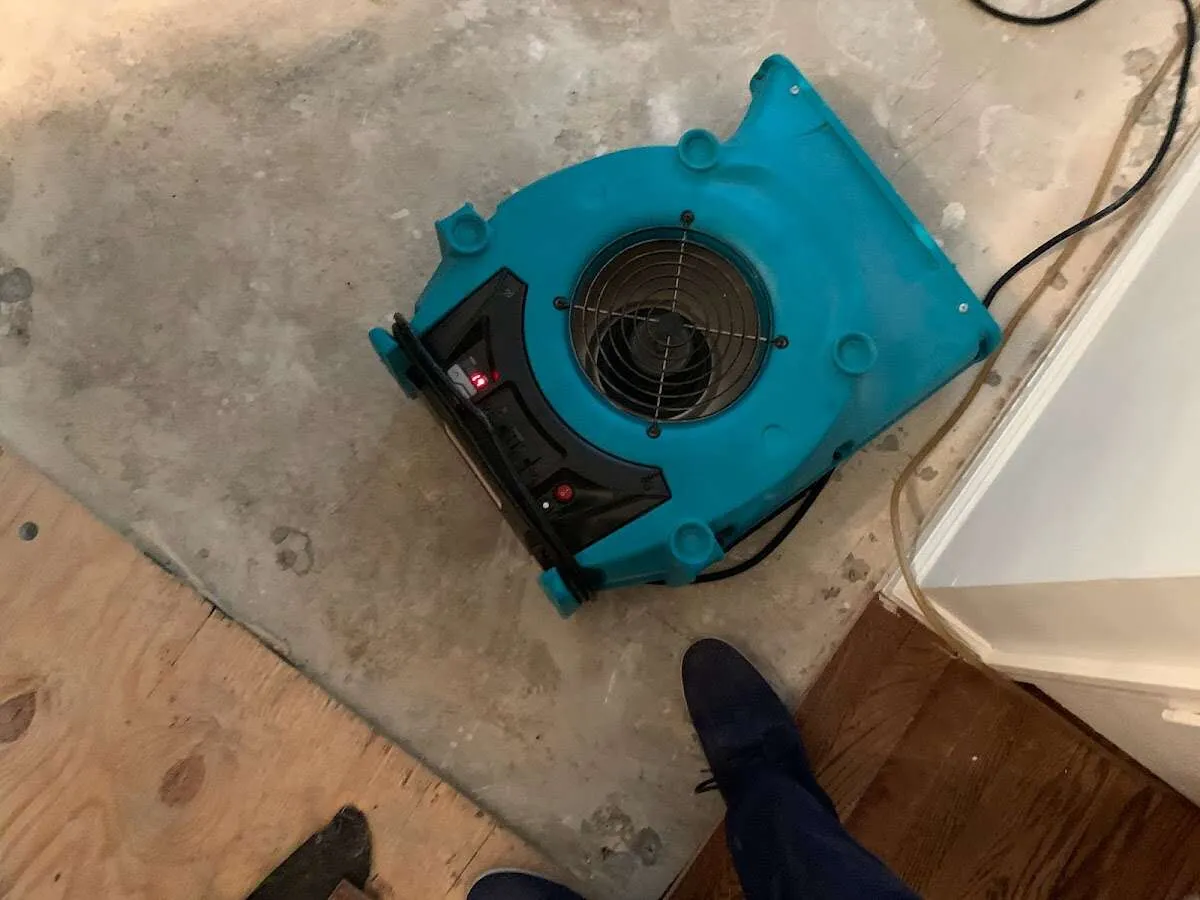Air mover drying subfloor during Leak Detection & Repair in Oxon Hill